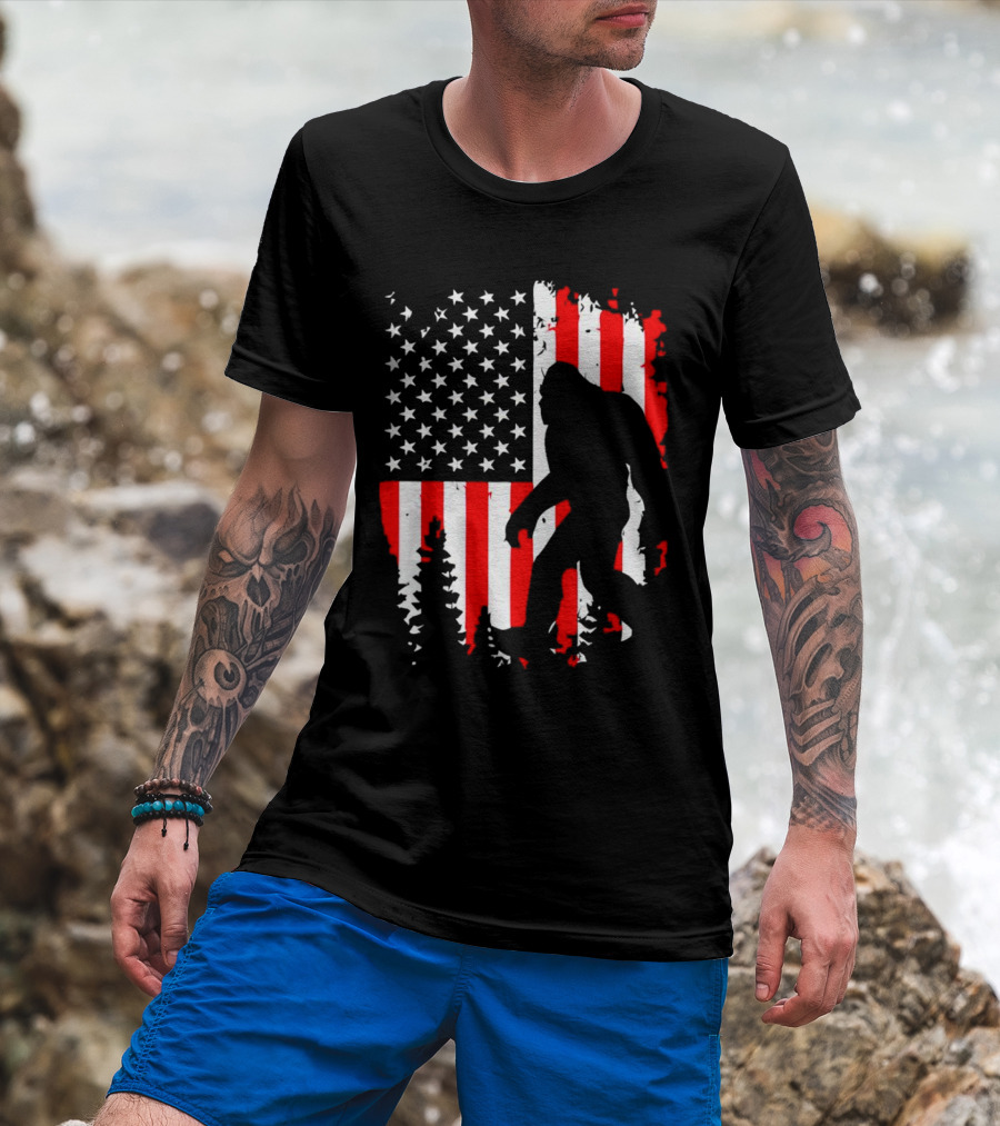 Bigfoot Silhouette With American Flag Background T-Shirt