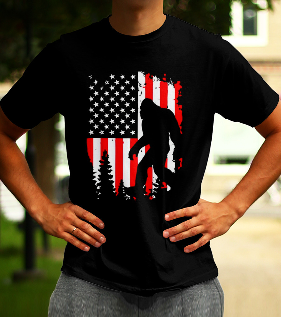 Bigfoot Silhouette With American Flag Background T-Shirt