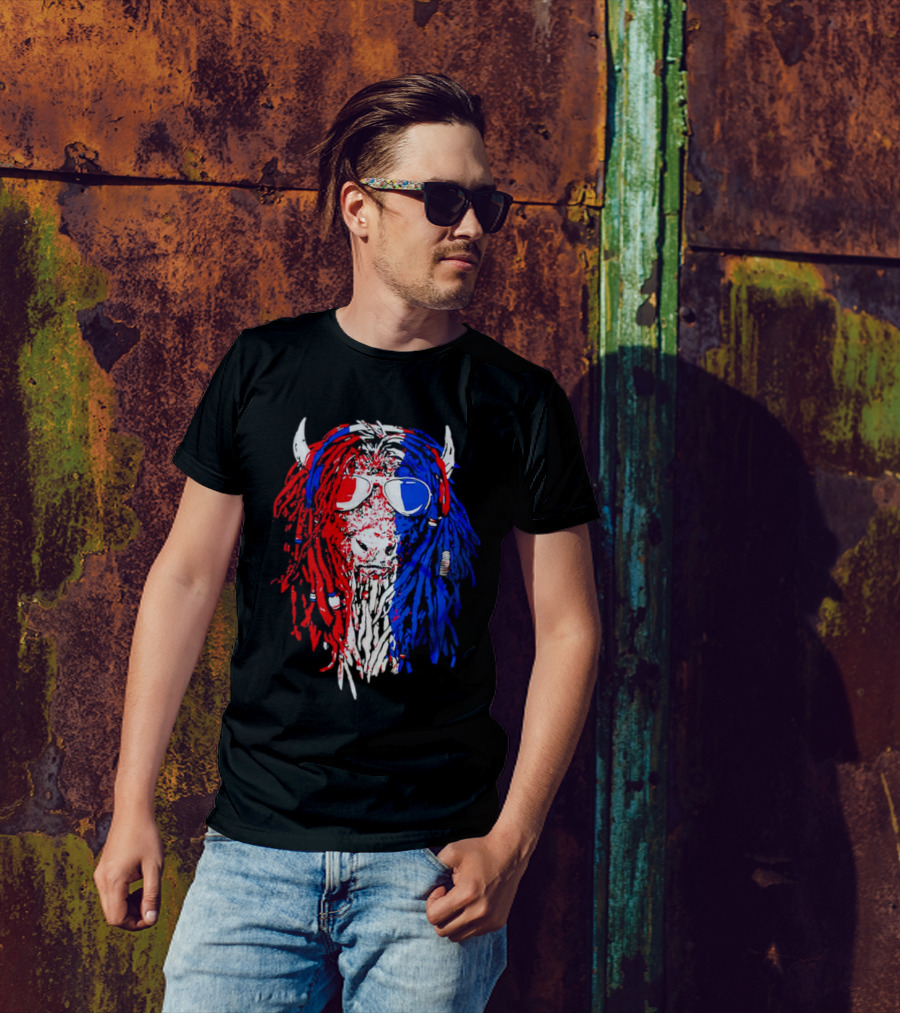 Buffalo Soldier Rasta Red Blue Bison Sunglasses Dreadlocks T-Shirt
