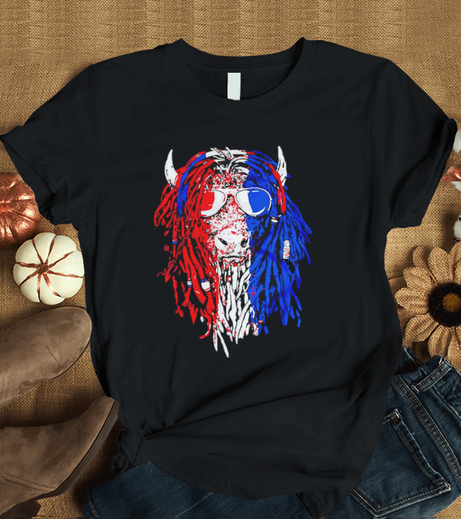 Buffalo Soldier Rasta Red Blue Bison Sunglasses Dreadlocks T-Shirt