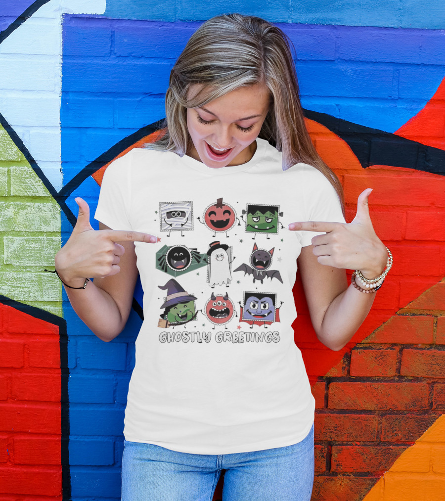 Ghostly Greetings With Halloween Monster Faces And Characters T-Shirt
