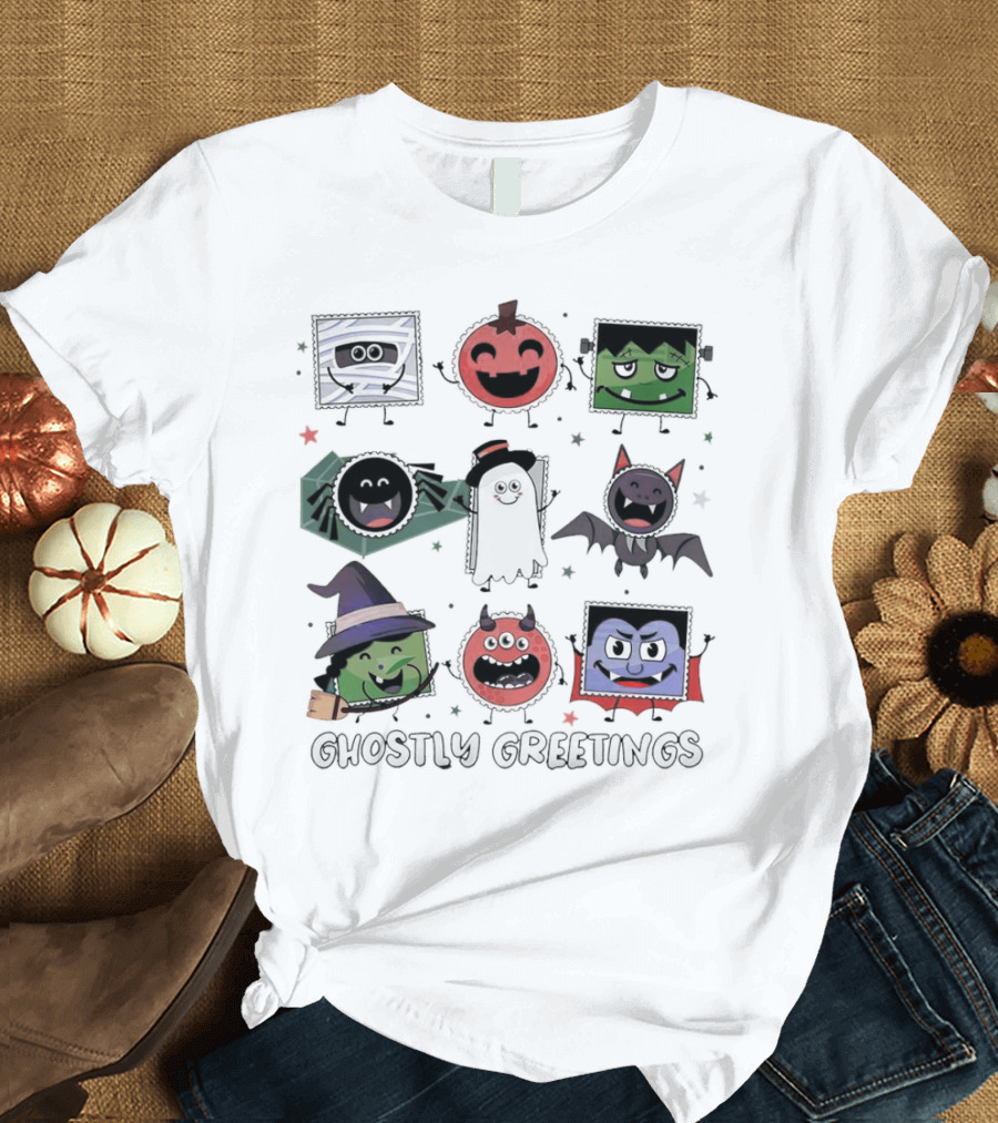 Ghostly Greetings With Halloween Monster Faces And Characters T-Shirt