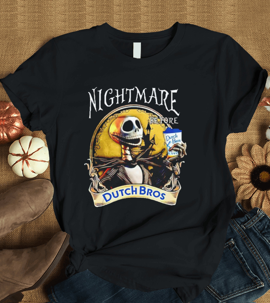 Nightmare Before Dutch Bros Coffee Skeleton Holding Cup T-Shirt