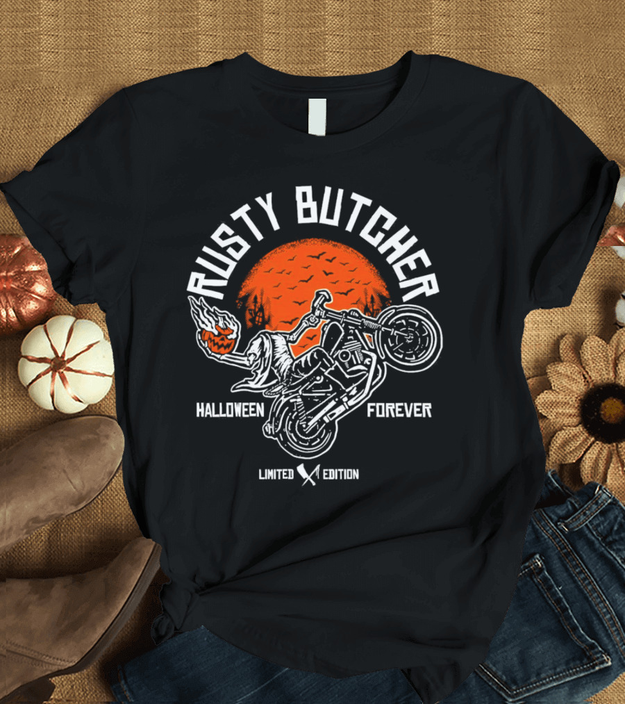 Rusty Butcher Halloween Forever Pumpkin Motorcycle Moon Bats T-Shirt