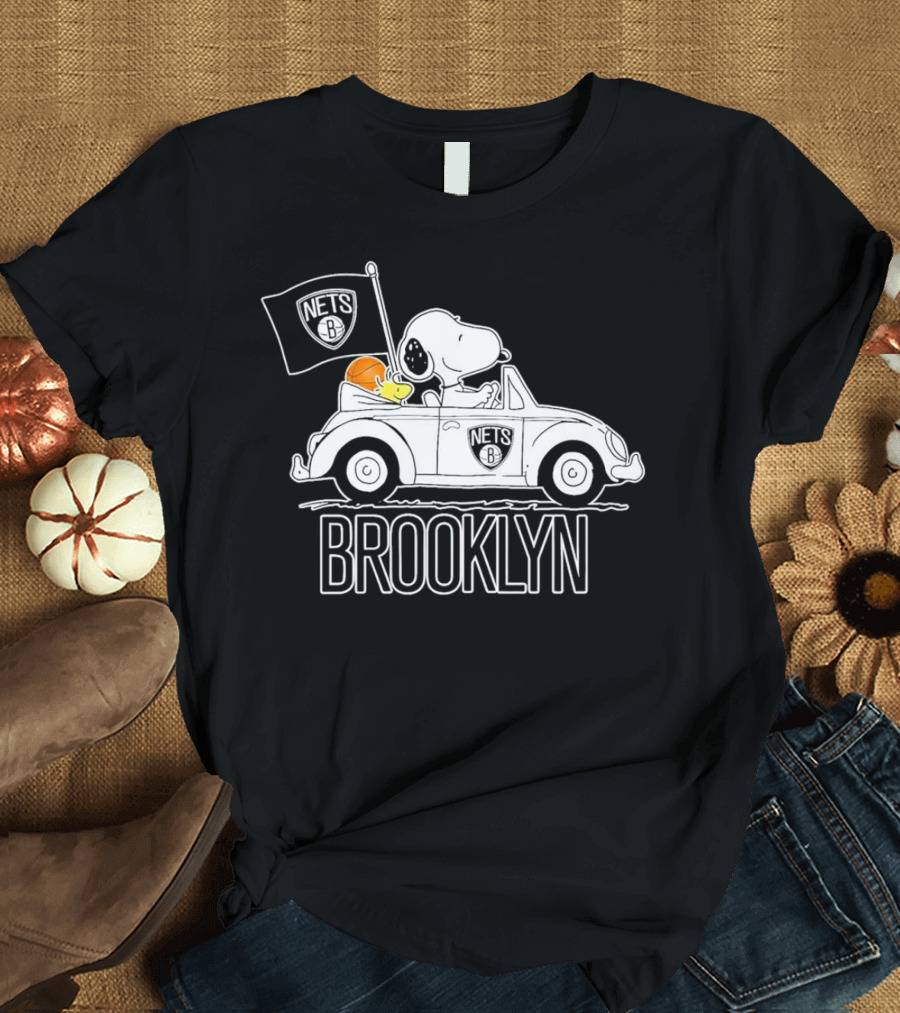 Brooklyn Nets Snoopy Driving Car With Basketball And Flag T-Shirt