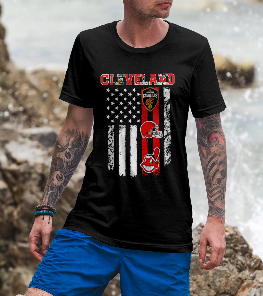 Cleveland Cavaliers Browns Guardians American Flag T-Shirt
