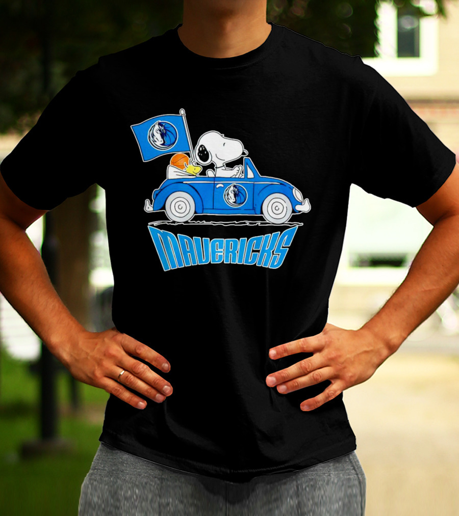 Mavericks Basketball Snoopy Driving Car With Logo Flag T-Shirt