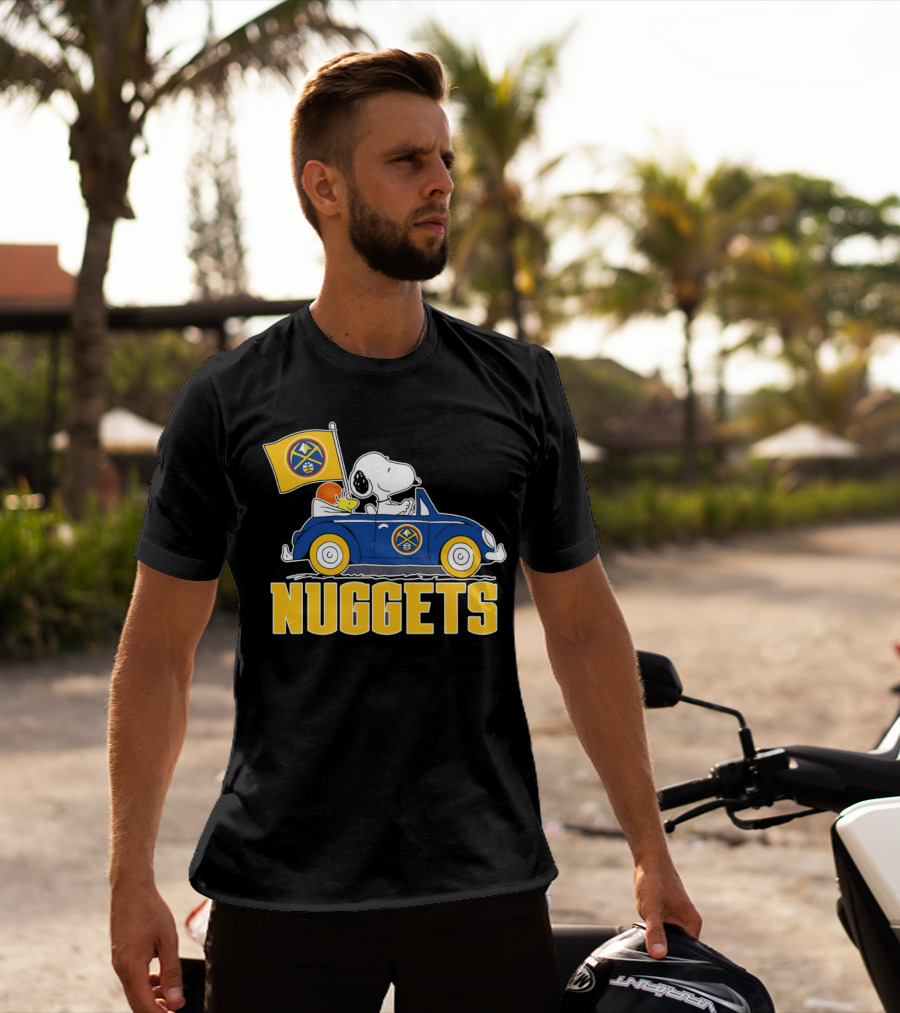 Denver Nuggets Snoopy Driving Car With Basketball Flag T-Shirt