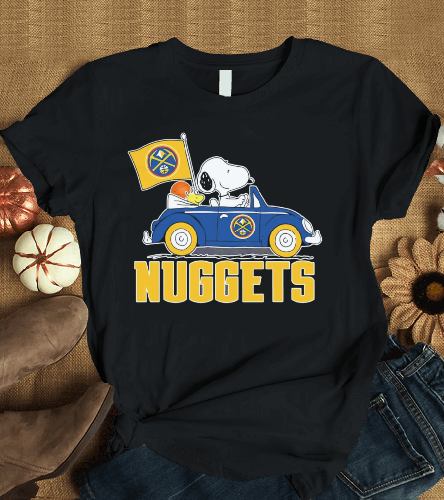 Denver Nuggets Snoopy Driving Car With Basketball Flag T-Shirt