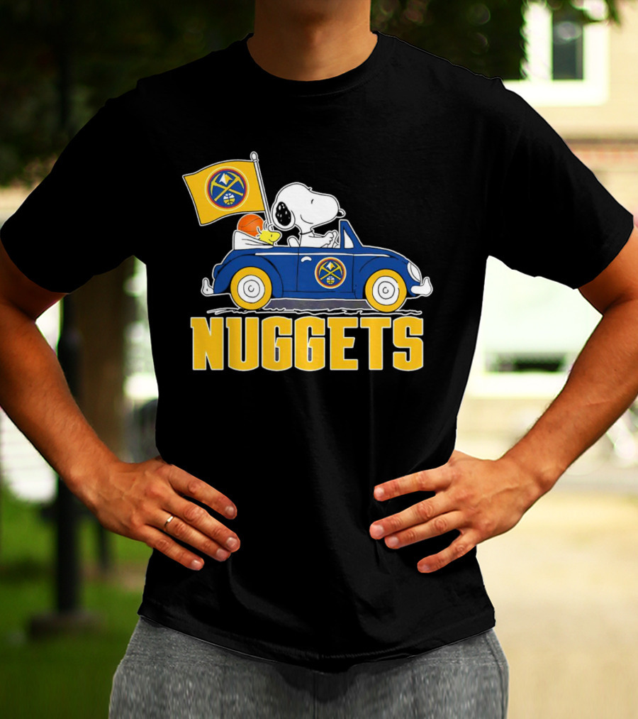 Denver Nuggets Snoopy Driving Car With Basketball Flag T-Shirt