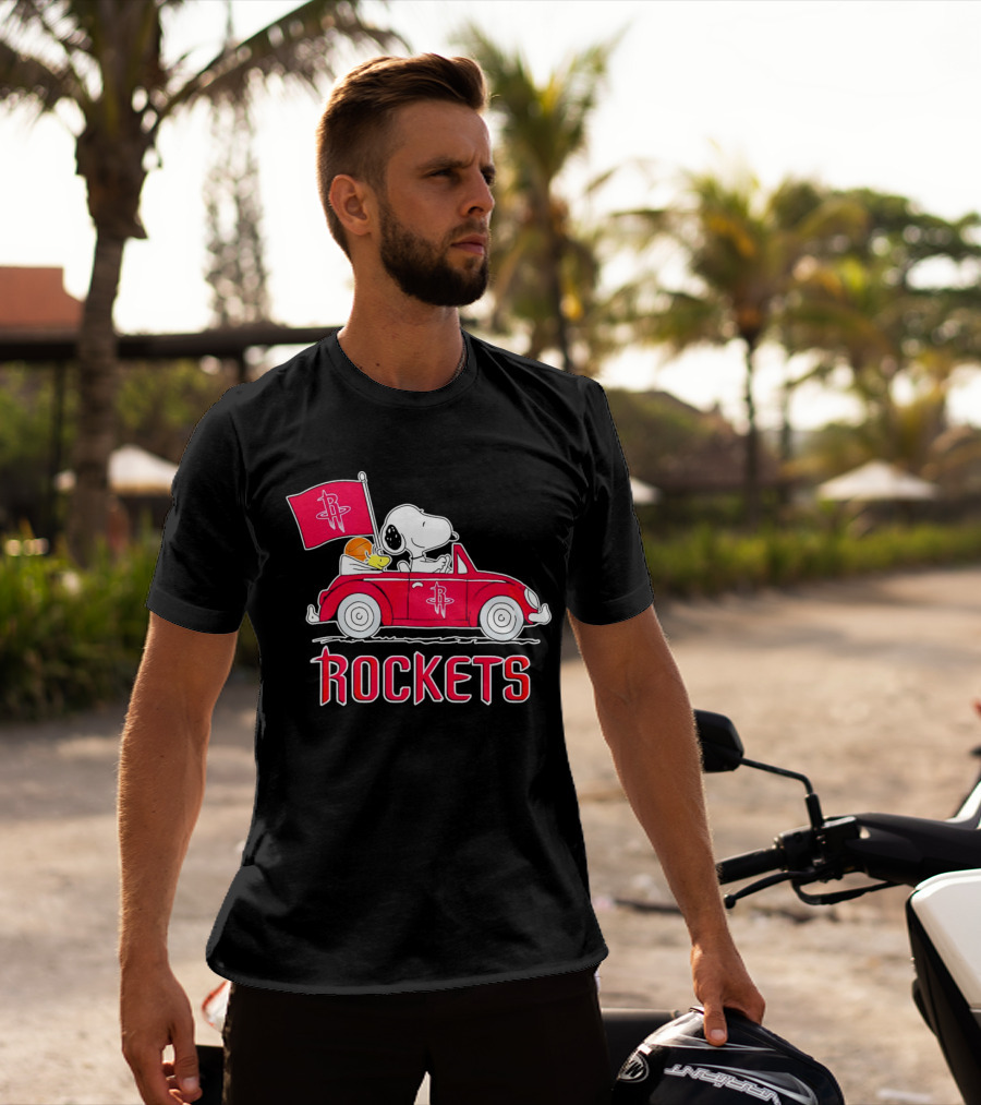 Rockets Snoopy Driving Red Car With Basketball Flag T-Shirt