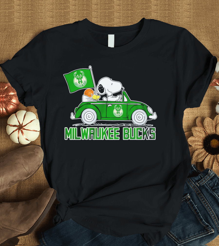 Milwaukee Bucks Snoopy Driving Car With Basketball And Team Flag T-Shirt