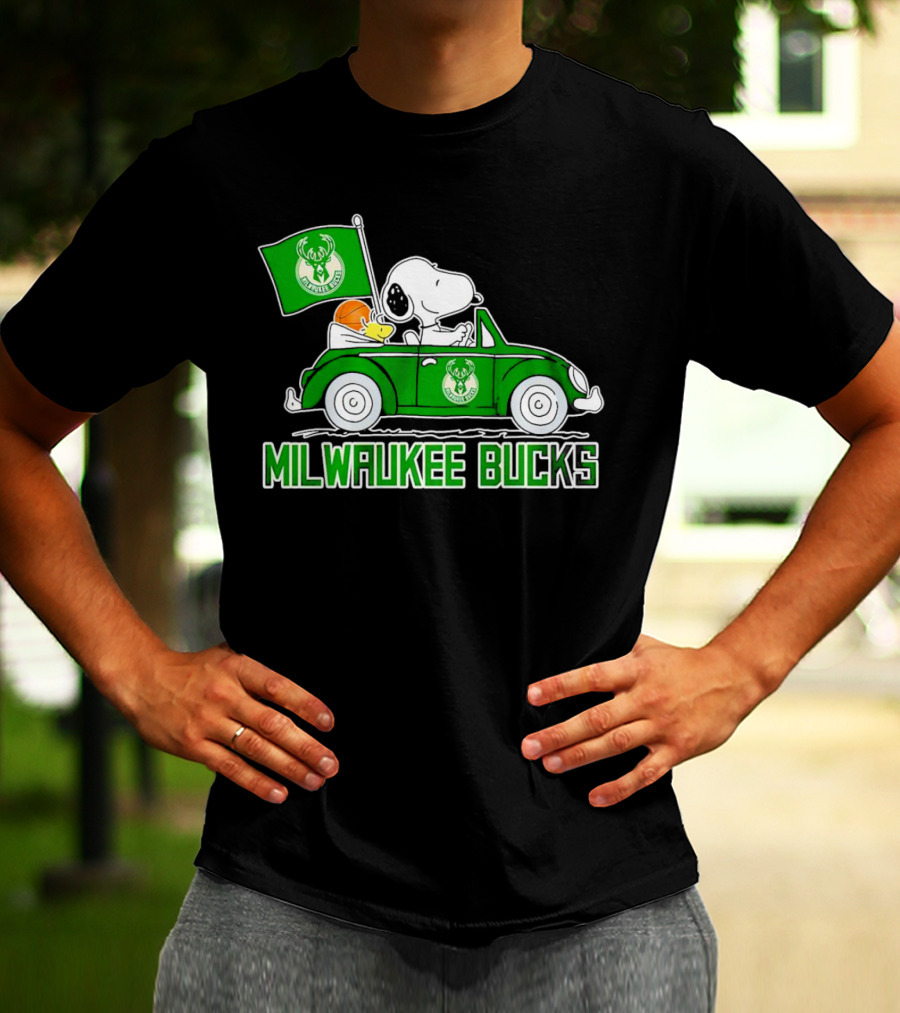 Milwaukee Bucks Snoopy Driving Car With Basketball And Team Flag T-Shirt