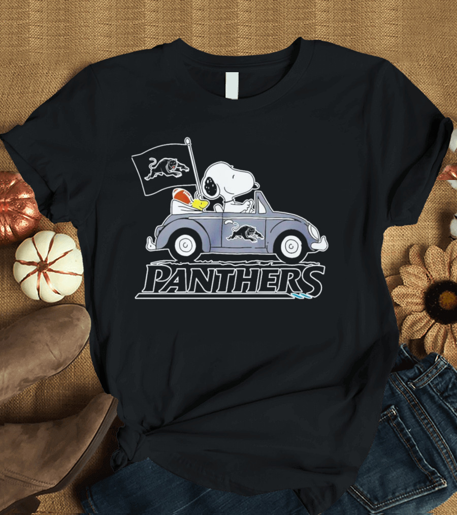 Snoopy Driving Volkswagen With Panthers Football Flag Peanuts T-Shirt