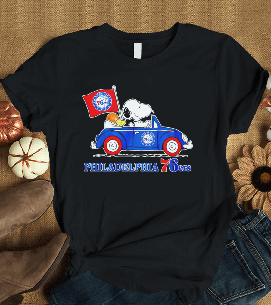 Philadelphia 76ers Snoopy Driving Car With Basketball And Flag T-Shirt