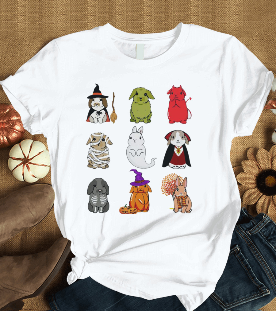 Bunny Witch Mummy Ghost Vampire Skeleton Pumpkin Bat Cute Halloween T-Shirt