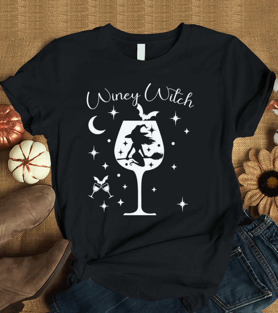 Winey Witch Halloween Moon Stars Broom Bat T-Shirt