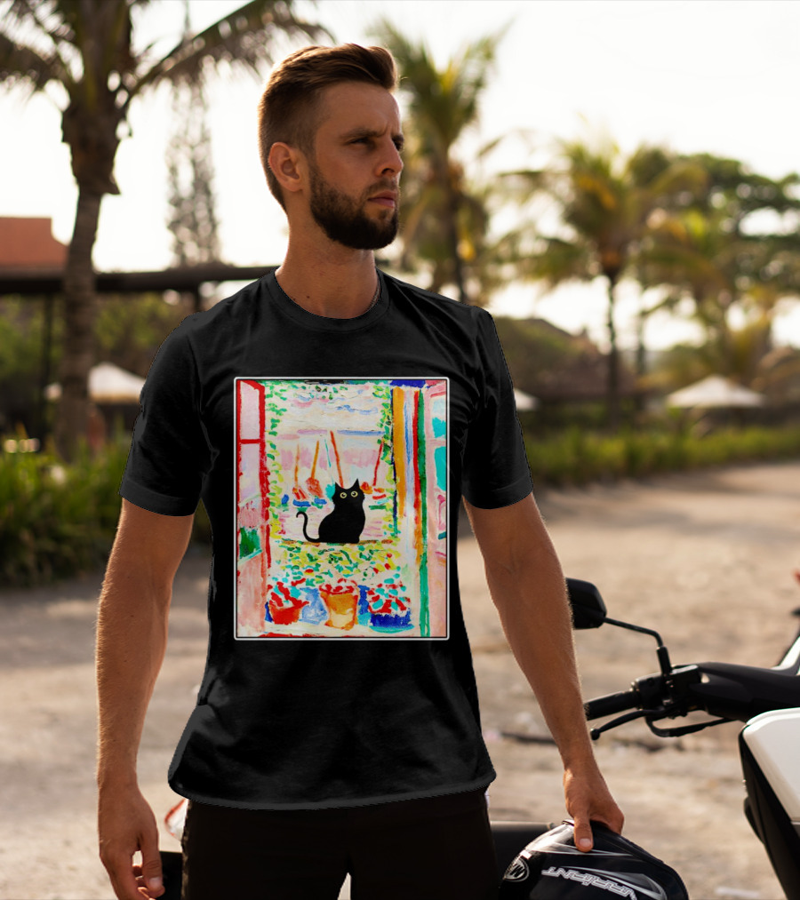 Black Cat In Vibrant Open Window Scene With Colorful T-Shirt