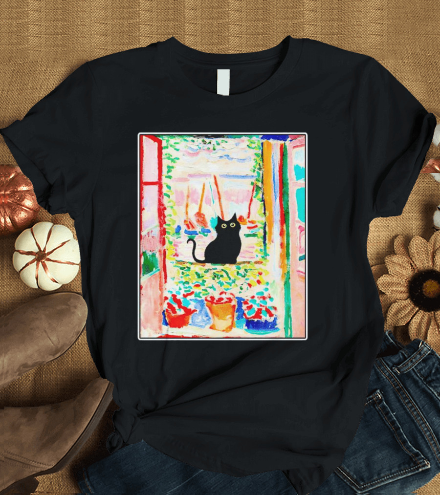 Black Cat In Vibrant Open Window Scene With Colorful T-Shirt