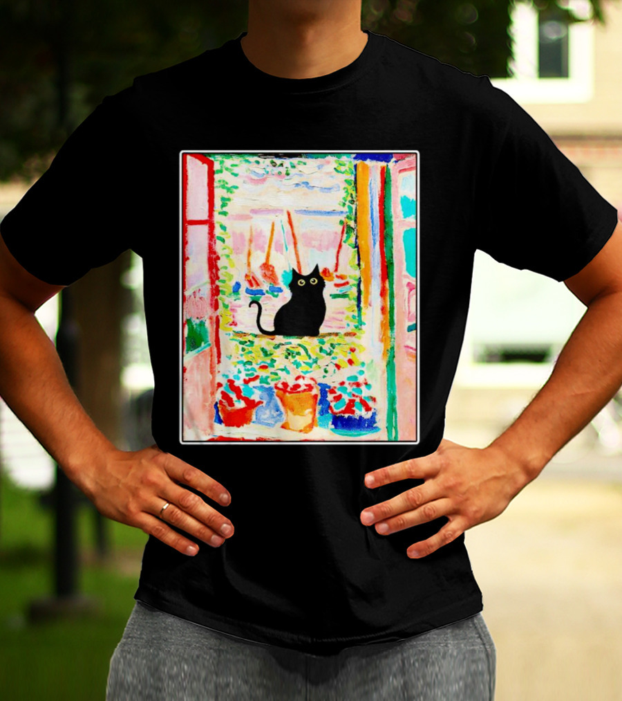 Black Cat In Vibrant Open Window Scene With Colorful T-Shirt