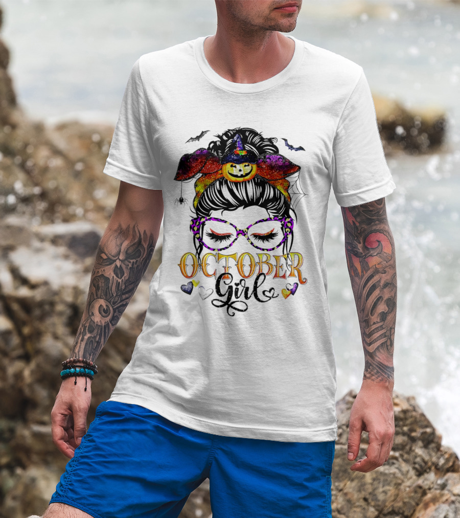 Messy Bun Pumpkin Witch Hat Spider Bats Glasses October Girl Halloween T-Shirt