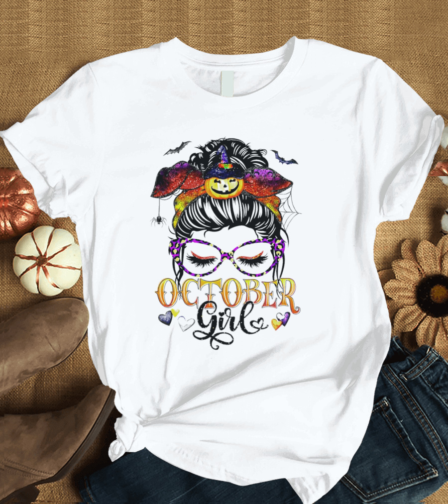 Messy Bun Pumpkin Witch Hat Spider Bats Glasses October Girl Halloween T-Shirt