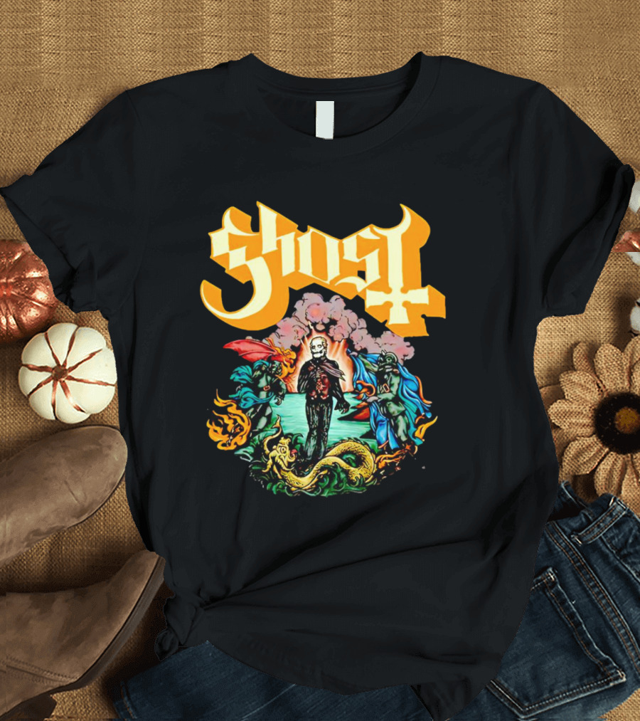 Ghost Skeleton Surrounded By Demons Artwork Halloween T-Shirt