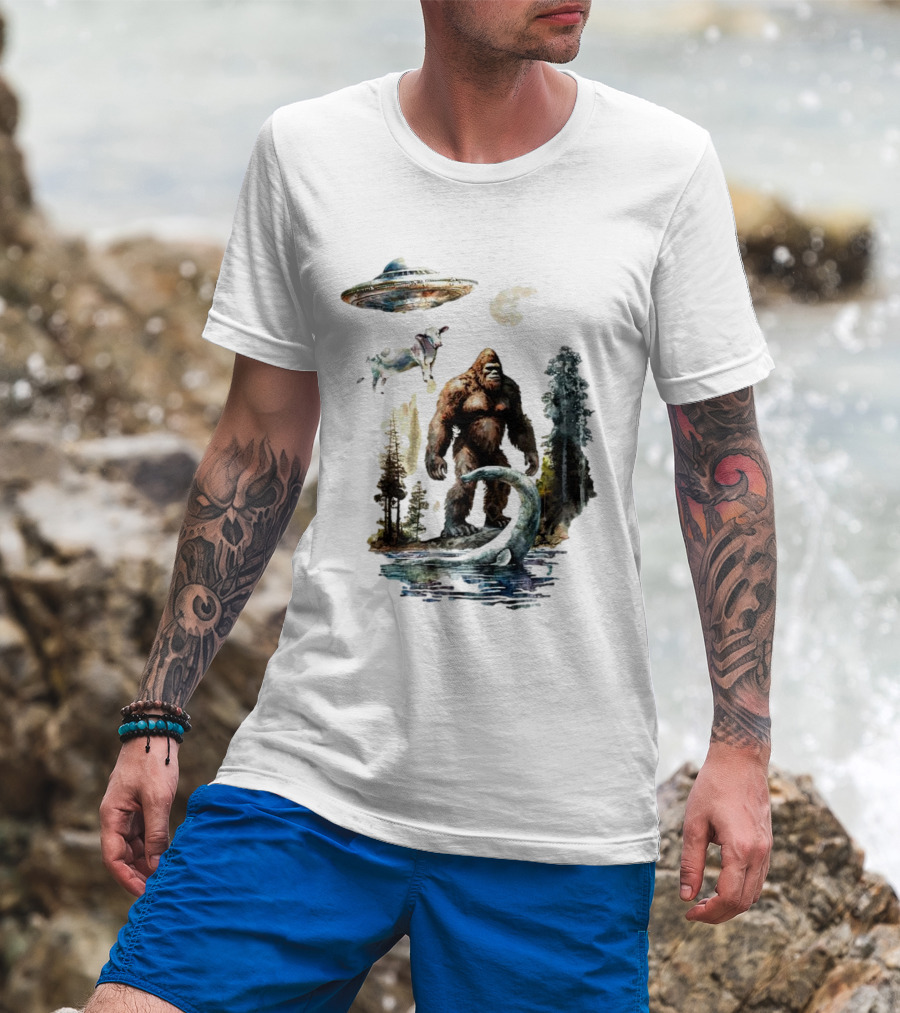 UFO Bigfoot Sasquatch Loch Ness Monster Alien Forest Scene T-Shirt