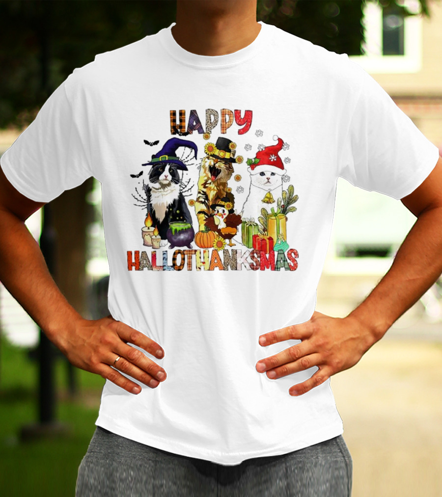 Happy Hallothanksmas Cats In Witch, Pilgrim, And Santa Hats With Pumpkins Presents And Cauldron T-Shirt