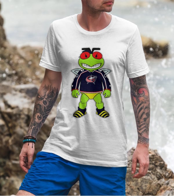 Columbus Blue Jackets Stinger Mascot Character In Team Jersey T-Shirt