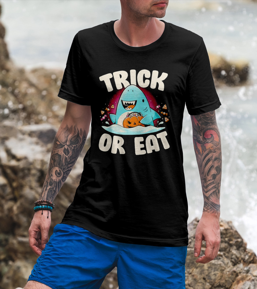 Trick Or Eat Shark Halloween Pumpkin Candy T-Shirt