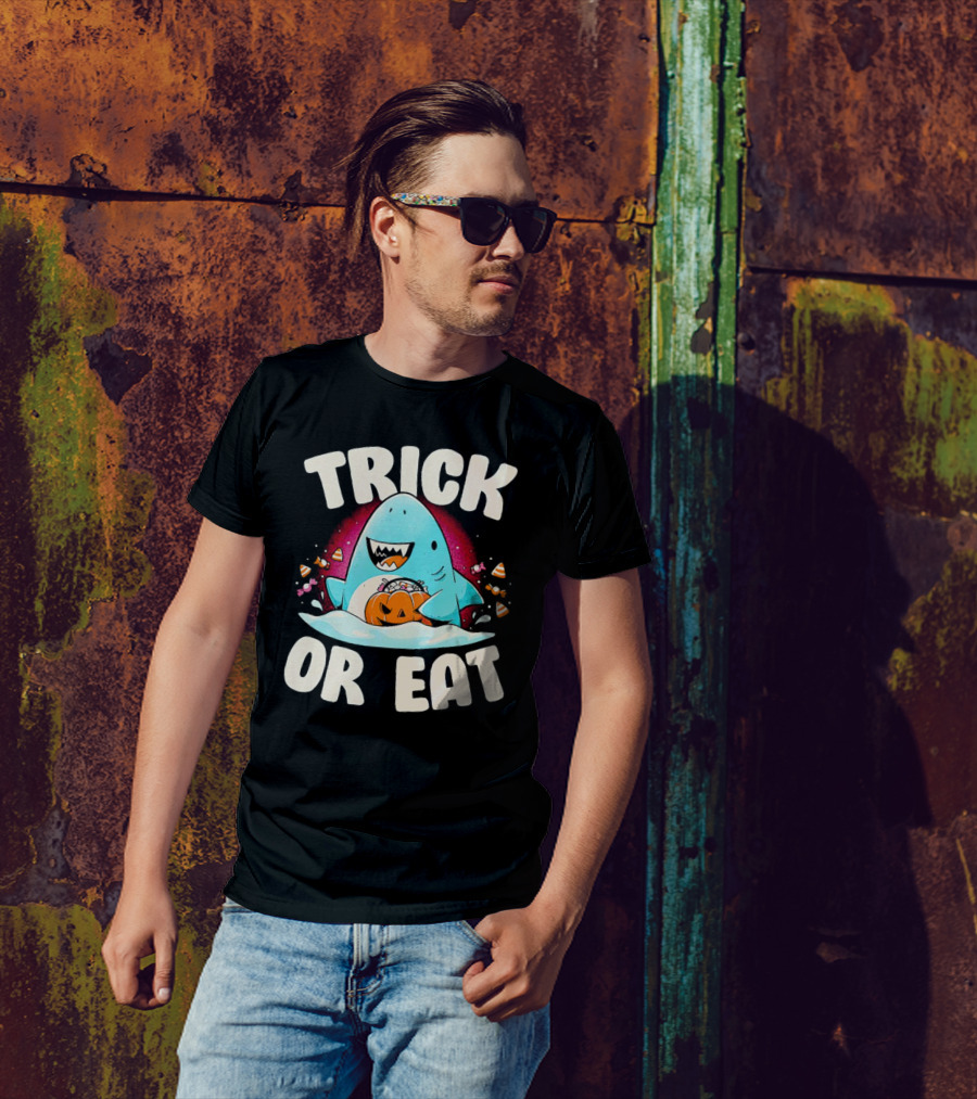Trick Or Eat Shark Halloween Pumpkin Candy T-Shirt
