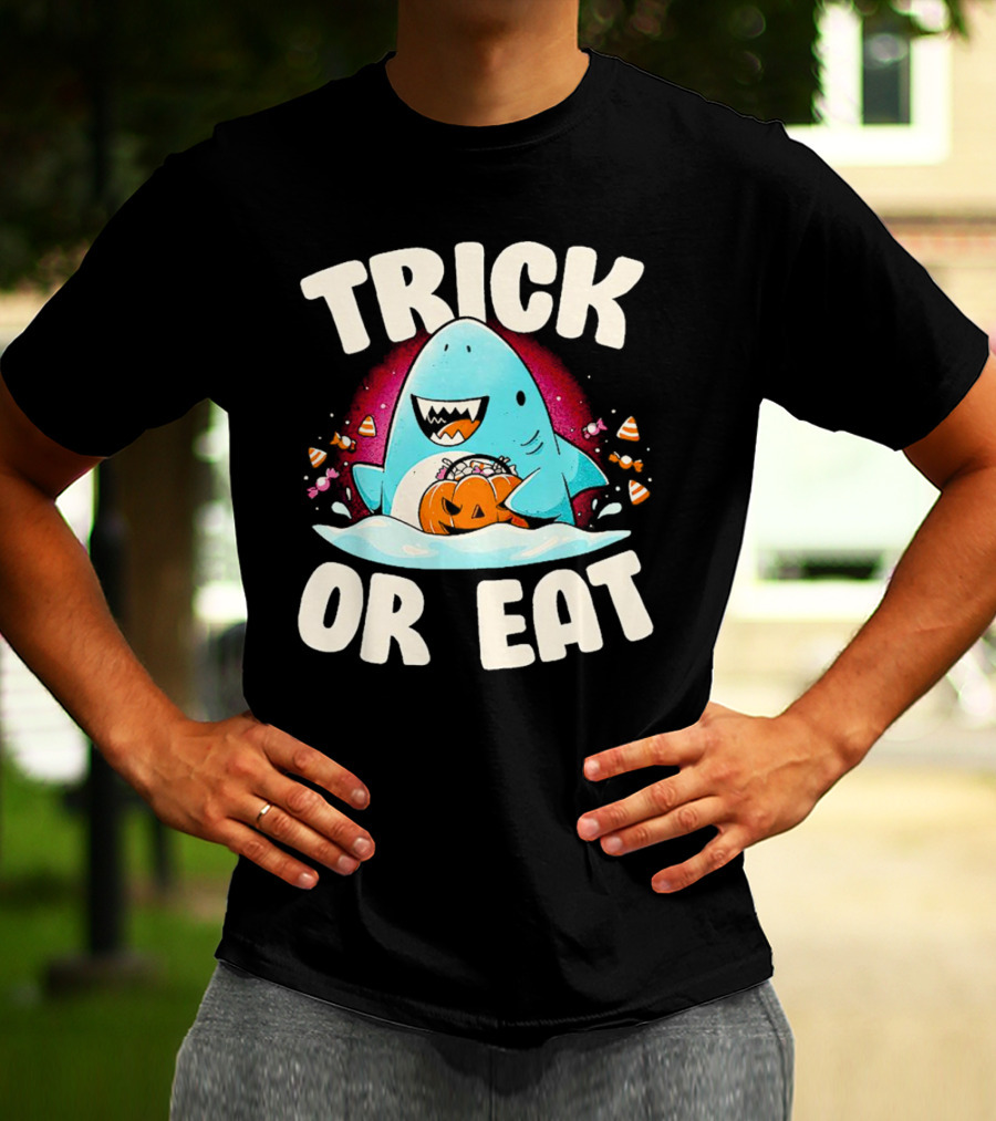Trick Or Eat Shark Halloween Pumpkin Candy T-Shirt