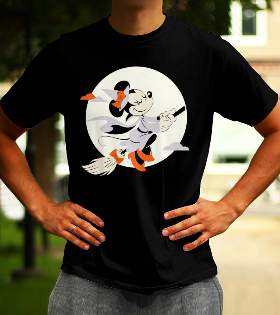Minnie Mouse Witch Flying On Broomstick Halloween Full Moon T-Shirt