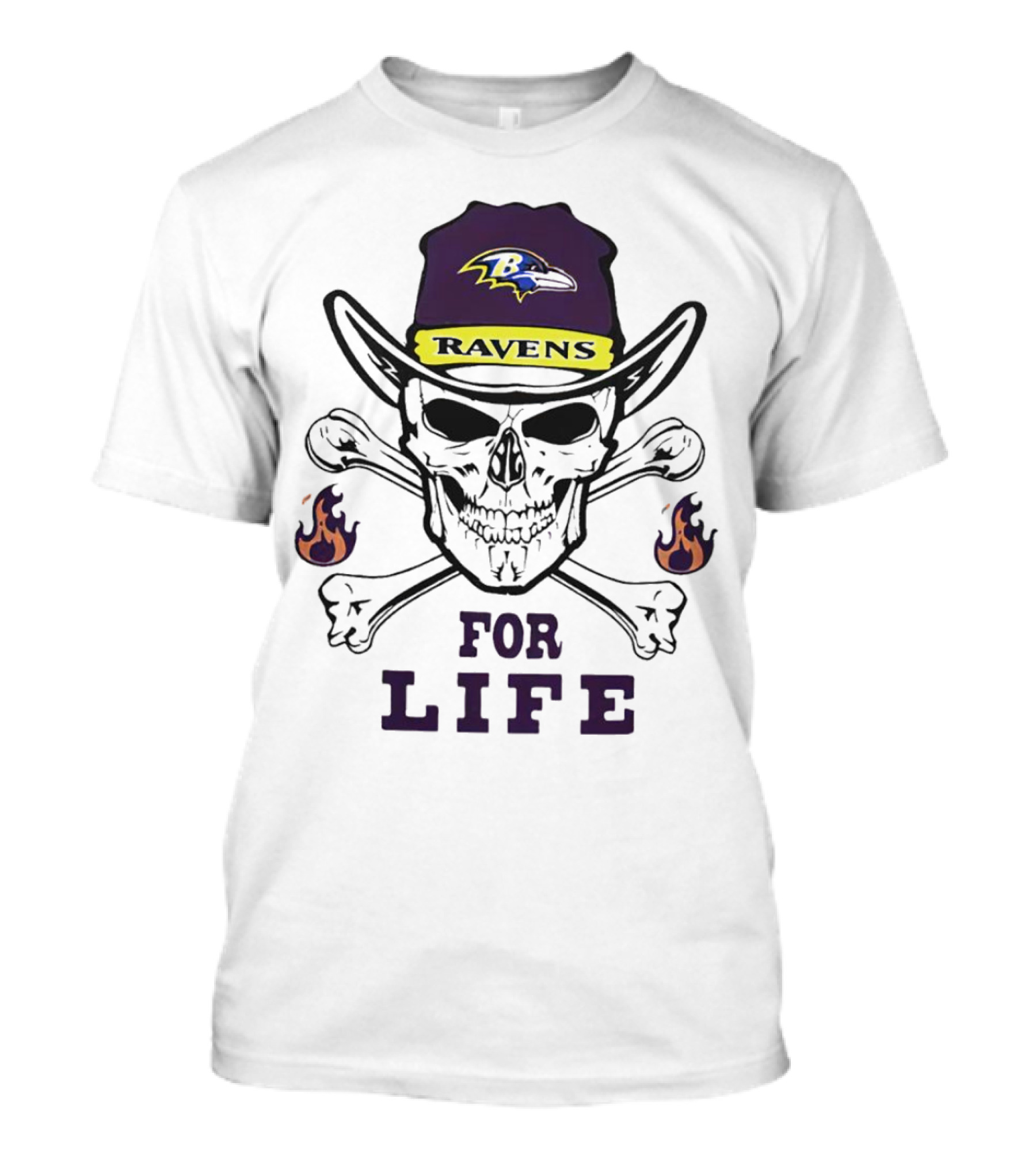 Baltimore Ravens Skull With Flames For Life T-Shirt