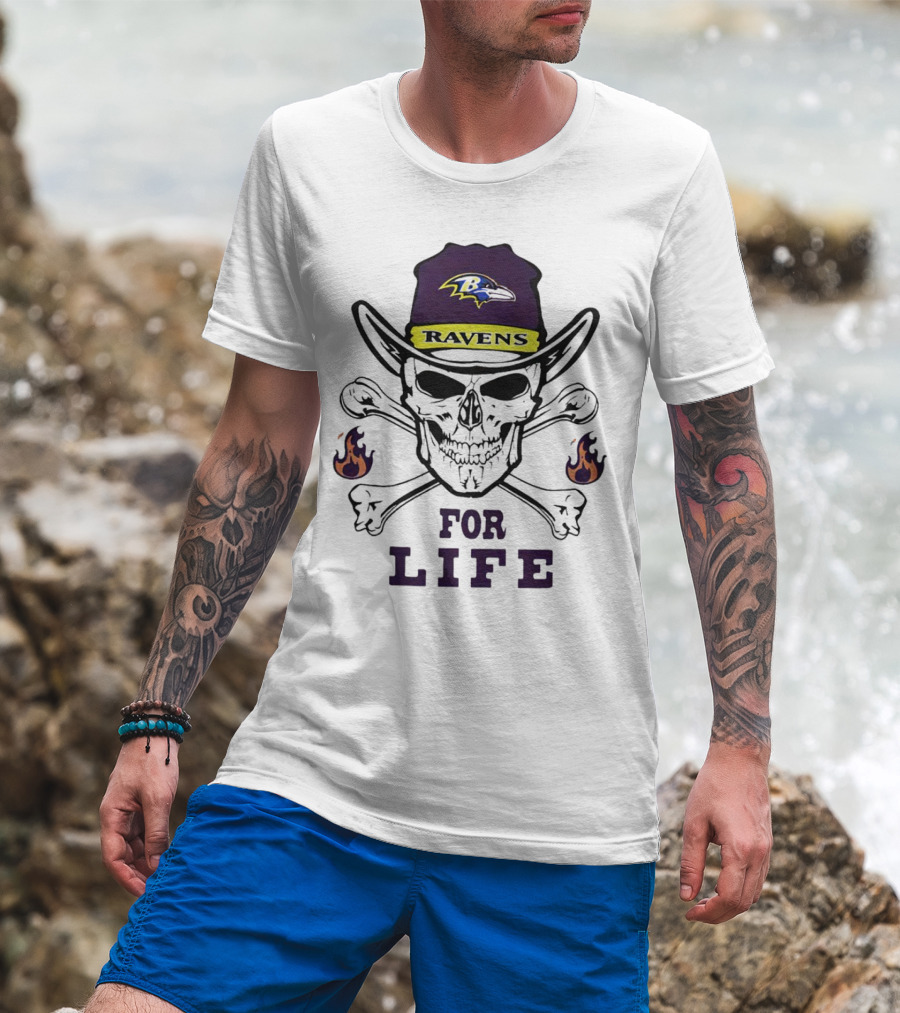 Baltimore Ravens Skull With Flames For Life T-Shirt