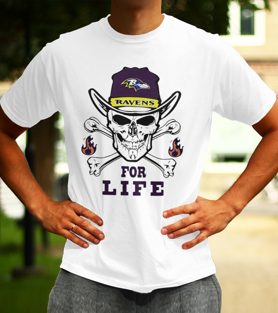 Baltimore Ravens Skull With Flames For Life T-Shirt