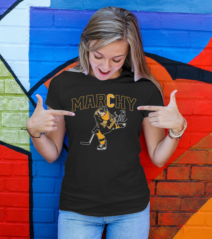 Marchy Brad Marchand 63 Boston Bruins Hockey Signature T-Shirt