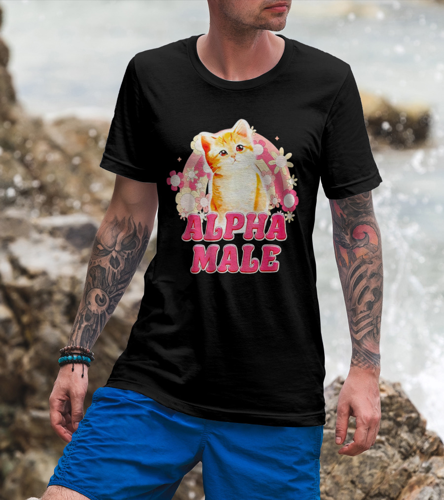 Alpha Male Cat With Floral Background T-Shirt