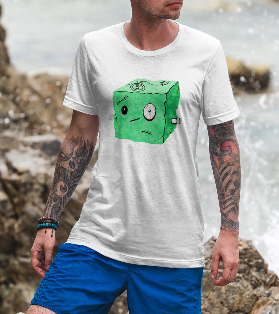 Franken Frankie Eight-Ball Cube Monster Stitched Green Block T-Shirt