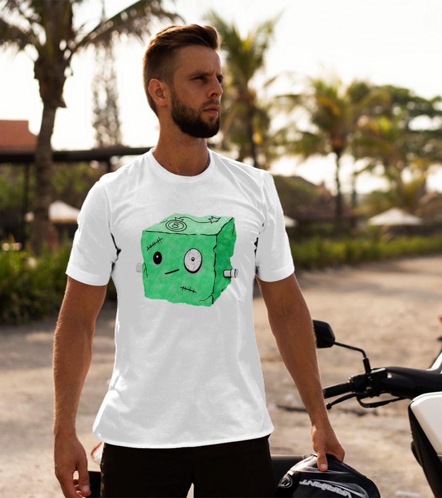 Franken Frankie Eight-Ball Cube Monster Stitched Green Block T-Shirt