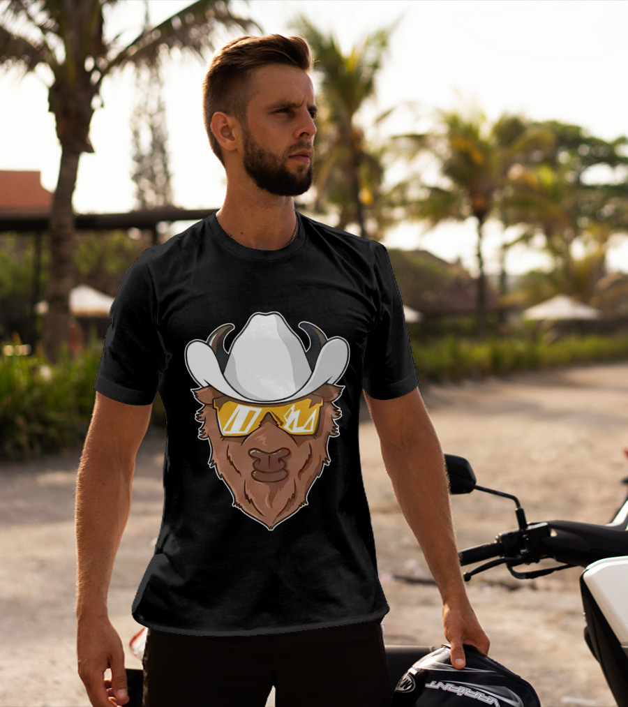 Cartoon Buffalo Wearing Cowboy Hats And Sunglasses T-Shirt
