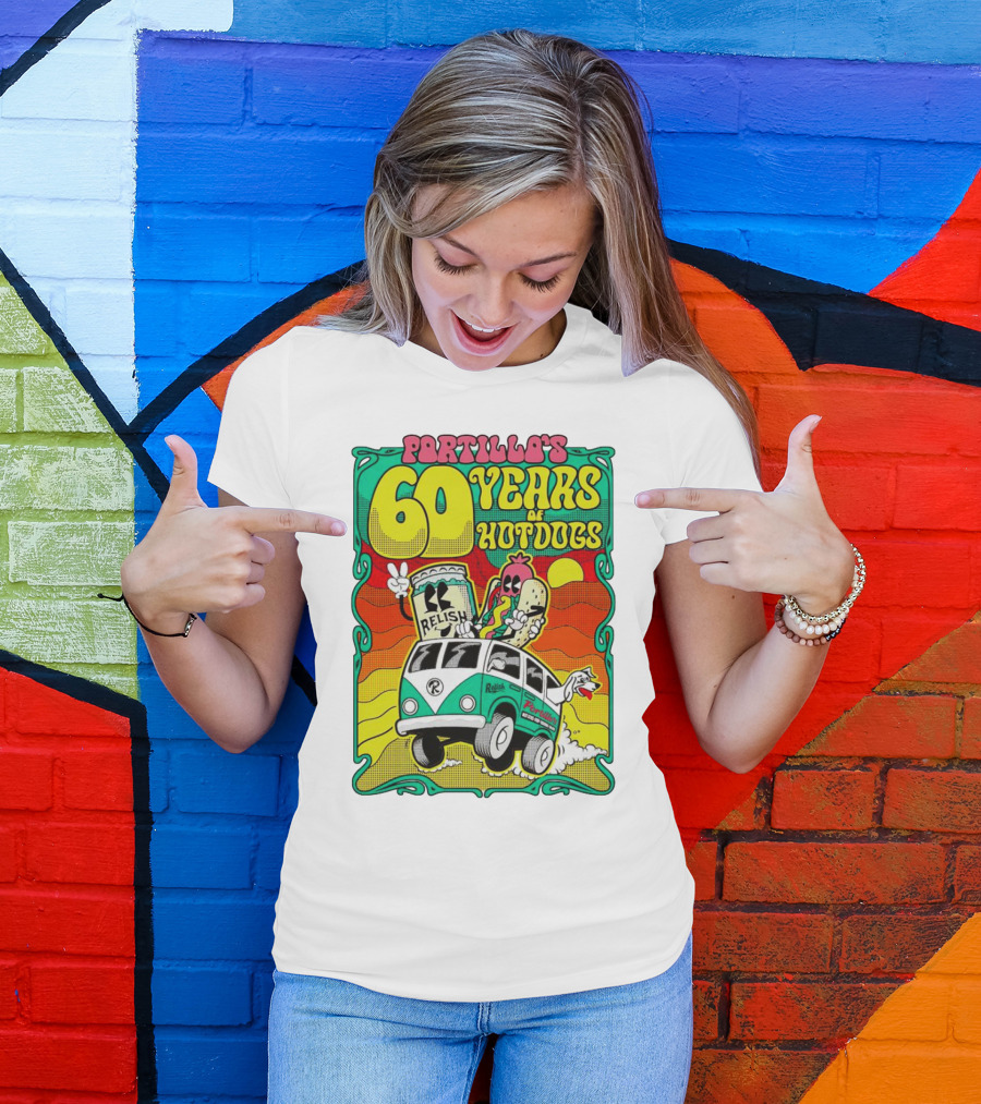 Portillo’s 60 Years Of Hotdogs Relish Relish Road Trip Cartoon Van Adventure T-Shirt