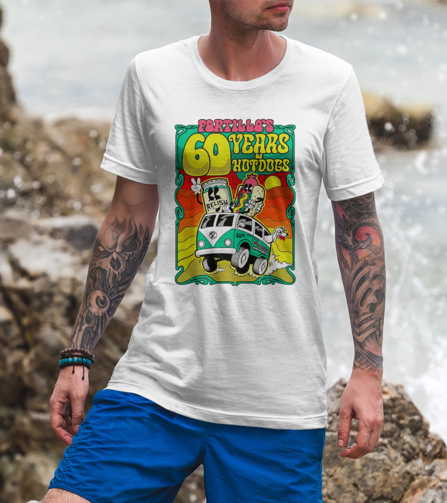 Portillo’s 60 Years Of Hotdogs Relish Relish Road Trip Cartoon Van Adventure T-Shirt