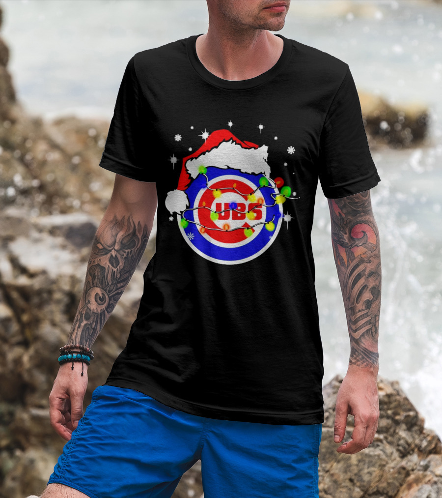 Chicago Cubs Santa Hat Christmas Lights T-Shirt