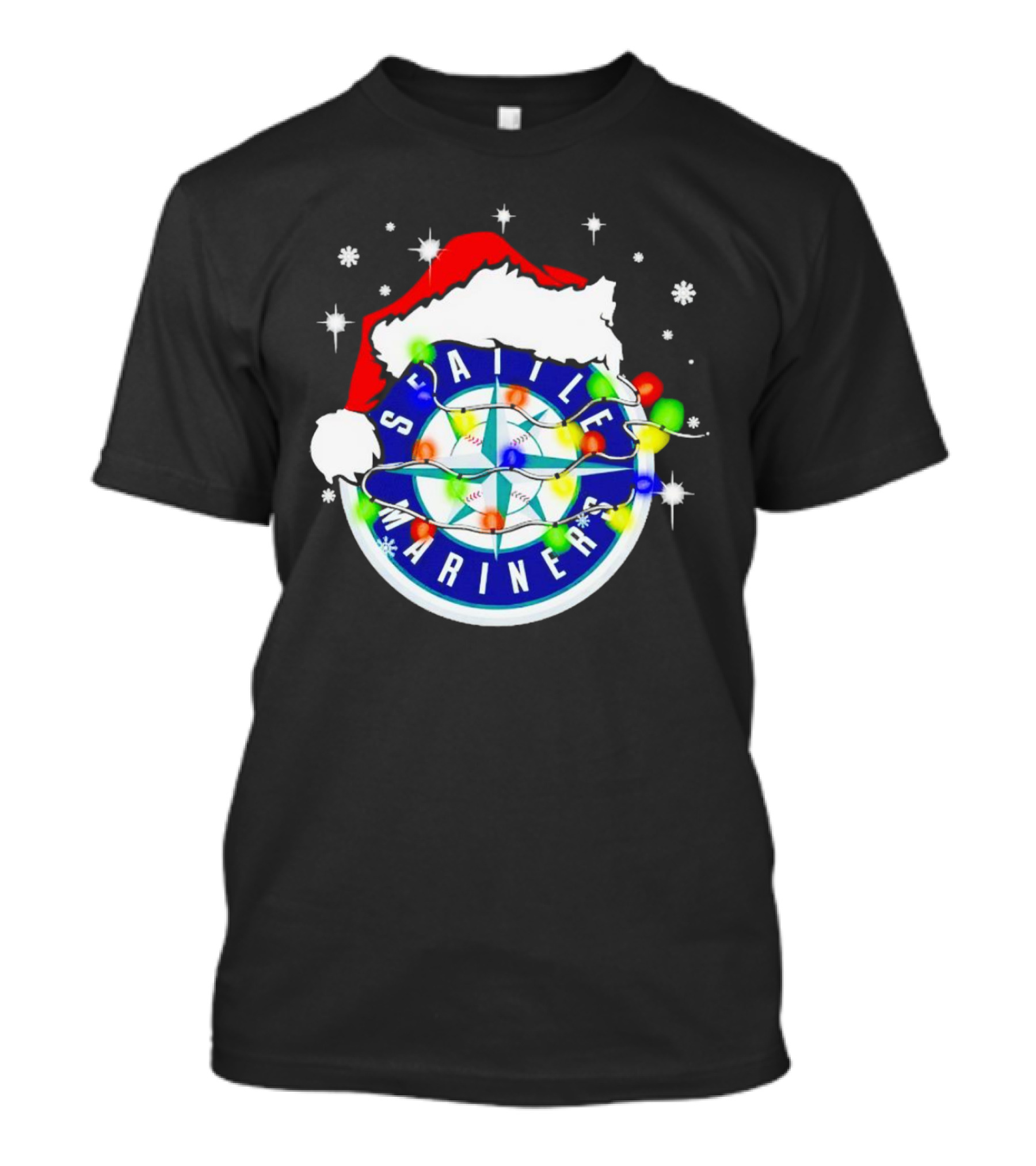 Santa Hat Seattle Mariners Christmas Lights Snowflakes T-Shirt
