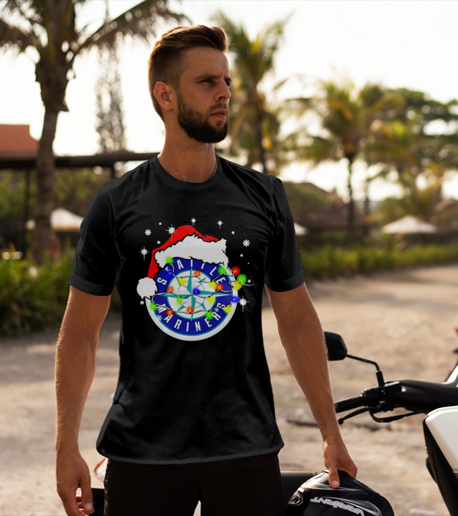 Santa Hat Seattle Mariners Christmas Lights Snowflakes T-Shirt