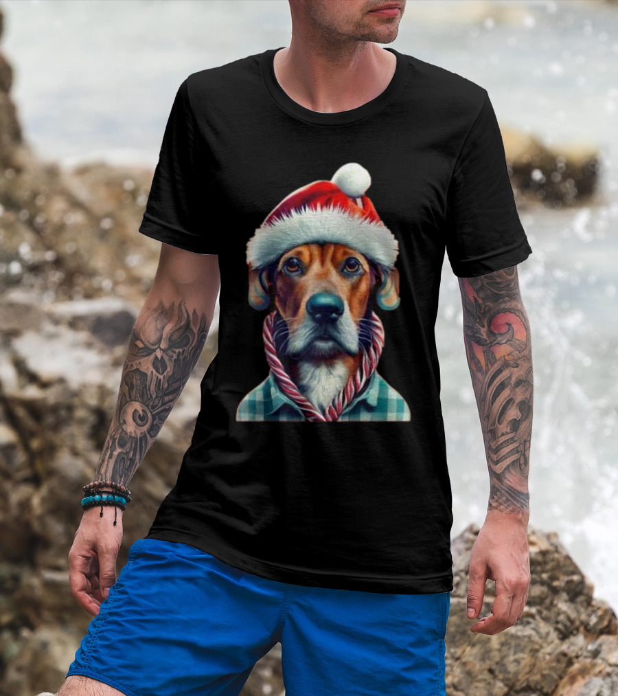 Dog In Santa Hat With Candy Cane Scarf Christmas T-Shirt