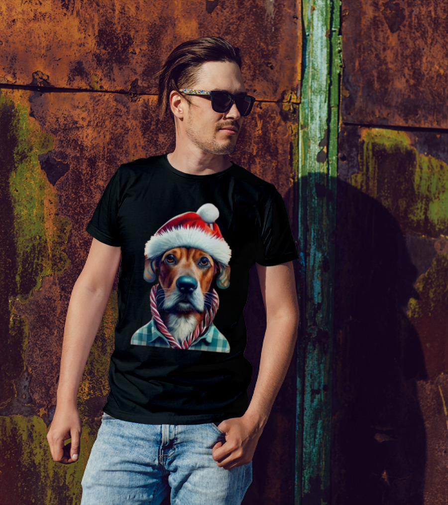 Dog In Santa Hat With Candy Cane Scarf Christmas T-Shirt