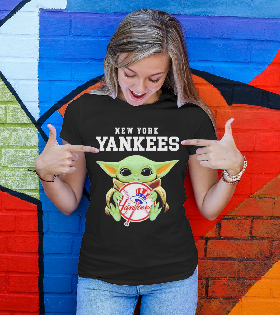 New York Yankees Baby Yoda Holding Team Baseball Emblem T-Shirt